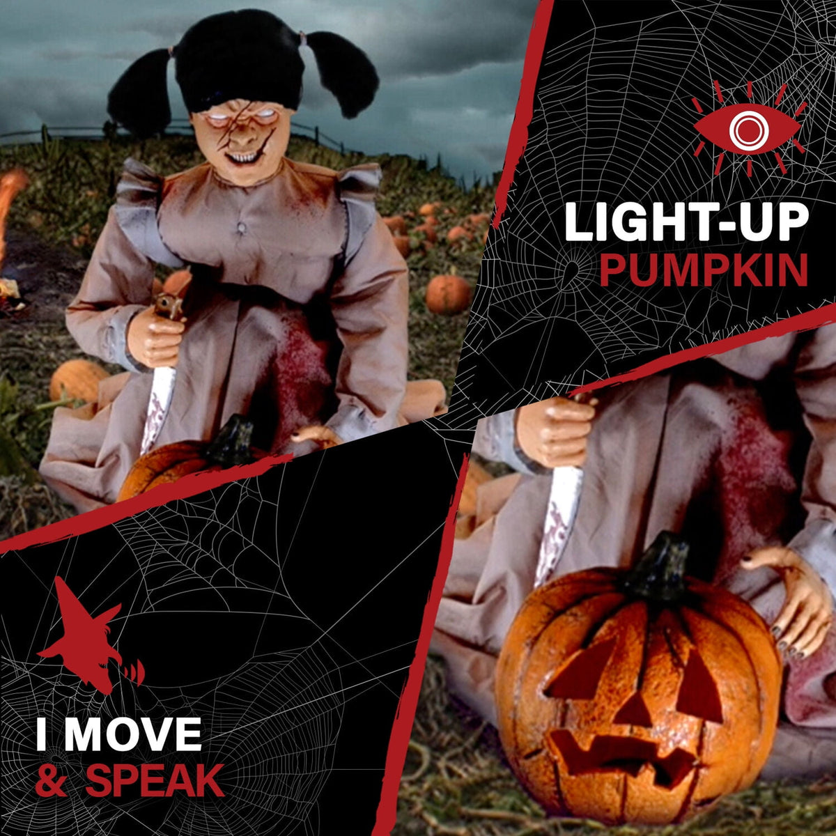 Witchwood™ Lunging Pumpkin Carver Zombie Girl with Jack O'Lantern by Tekky, 3.2 ft Premium Talking Halloween Animatronic, HHPMPCVR-FLSA