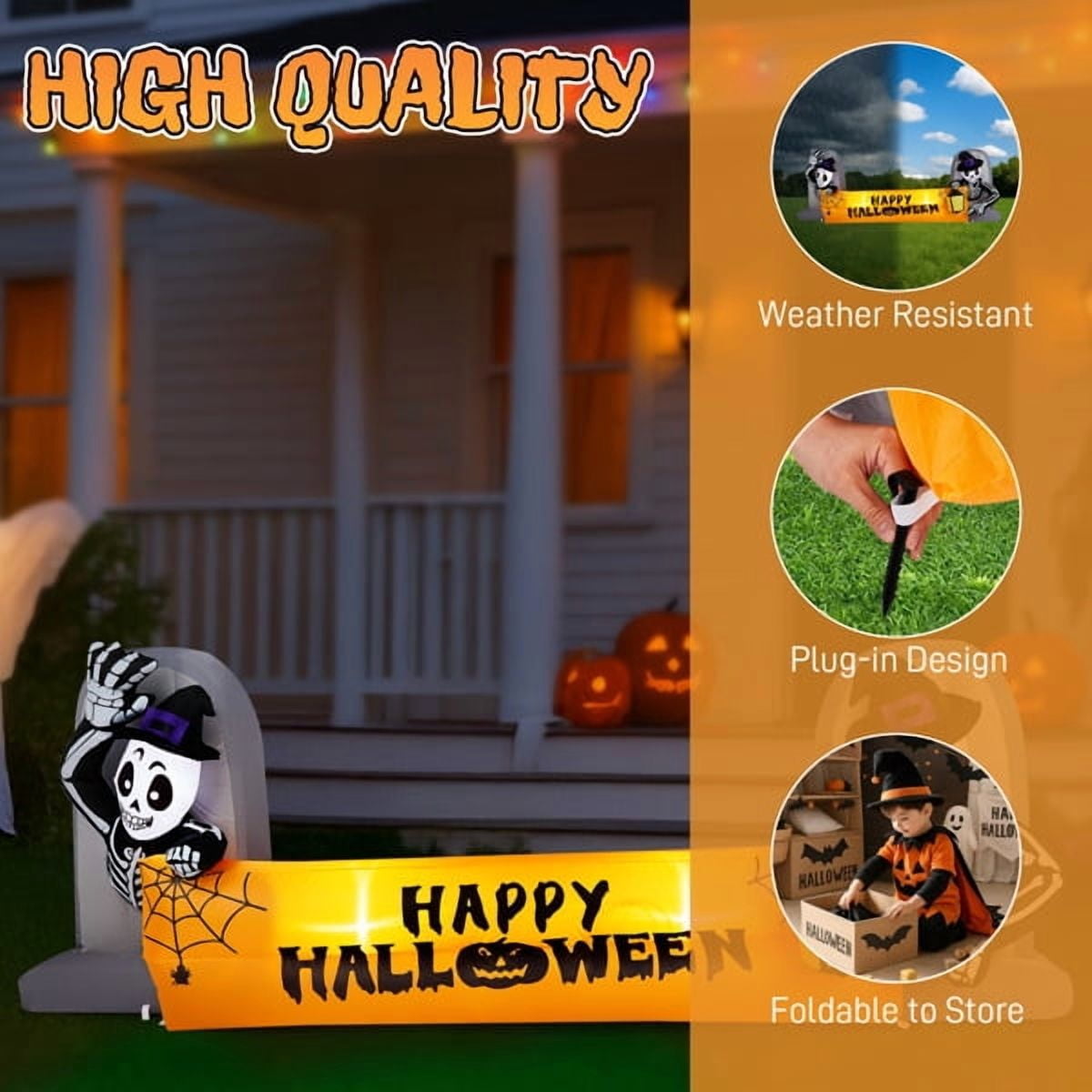 Witchwood™ 9.6FT Halloween Inflatable Skeleton Tombstone Banner, Built-in 4 White LED Lights, Quick Inflation for Yard/Patio/Party