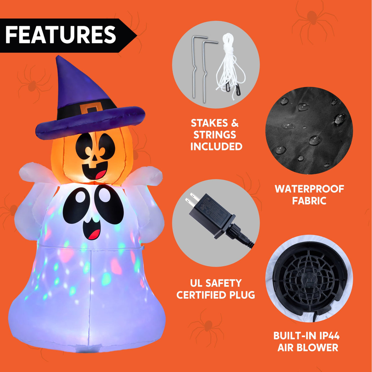 Witchwood™ 5Ft Halloween Inflatable Pumpkin Ghost with Colorful LED Lights,Halloween Blow Up Cute Decor for Indoor Outdoor Holiday Yard Decoration