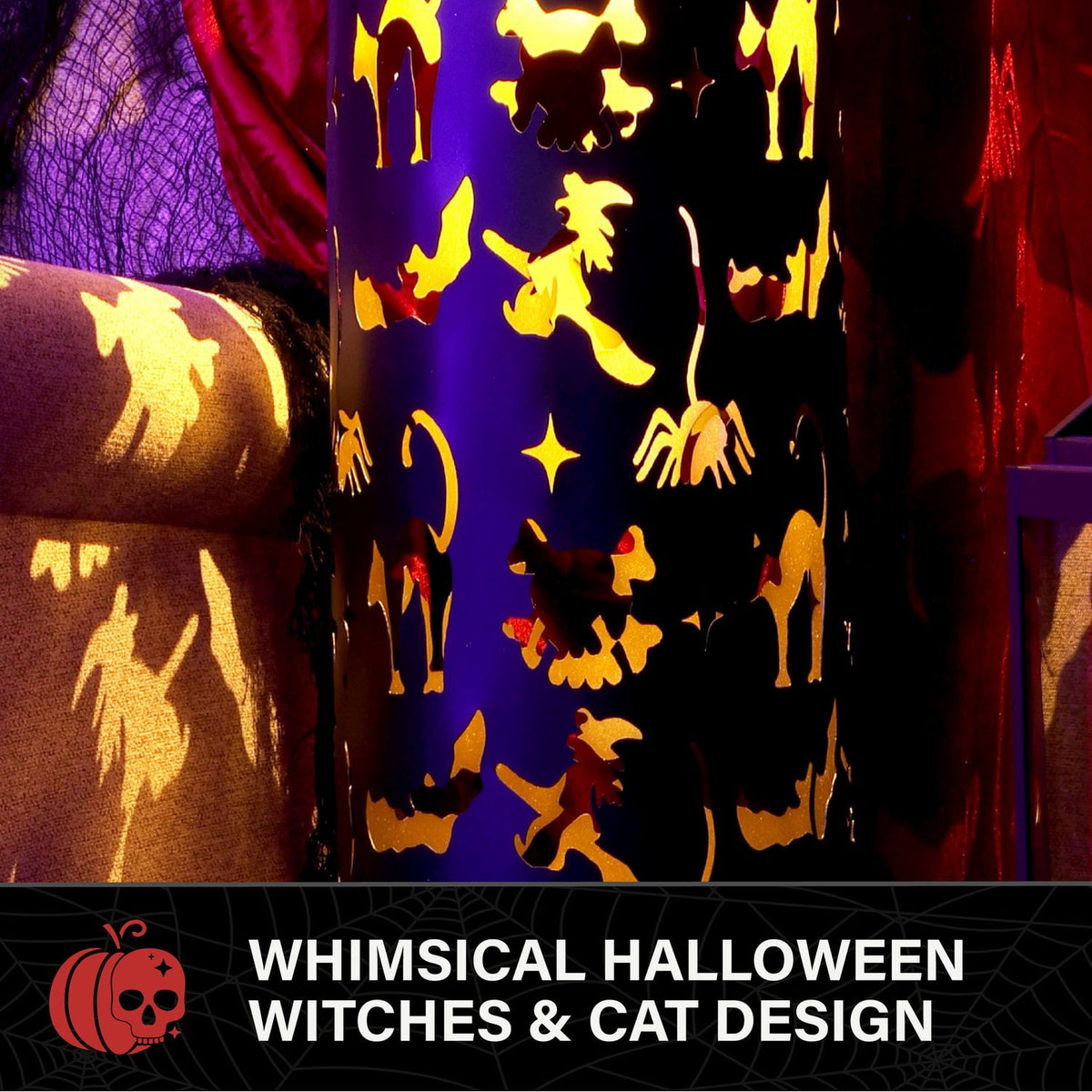 Witchwood™ Pillar Lantern Black Halloween Décor with LED Cat/Ghost Cutouts, 2.7-Ft