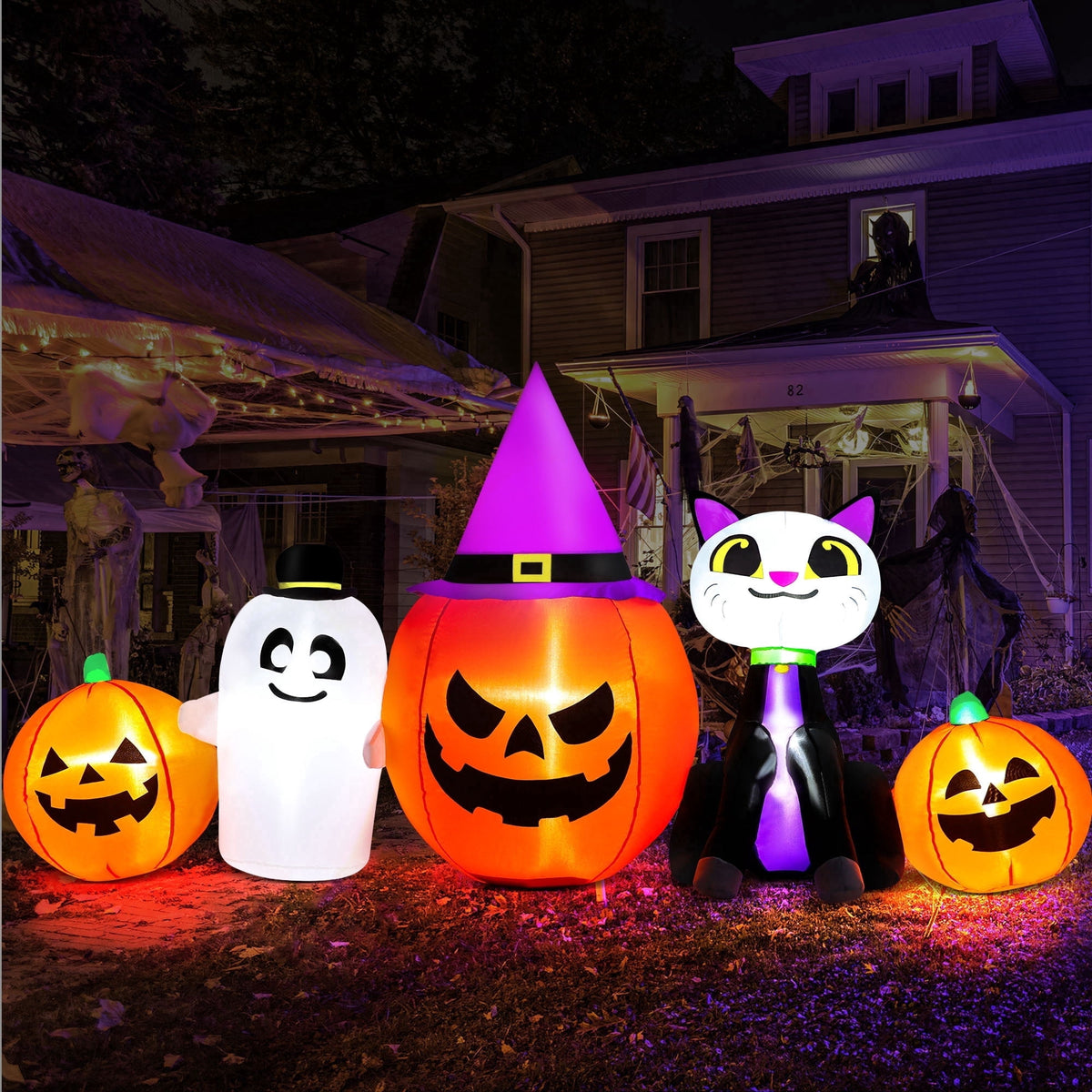 Witchwood™ 8ft Halloween Inflatable Pumpkin & Black Cat Ghost with LED Lights ? Outdoor Yard & Garden Decoration