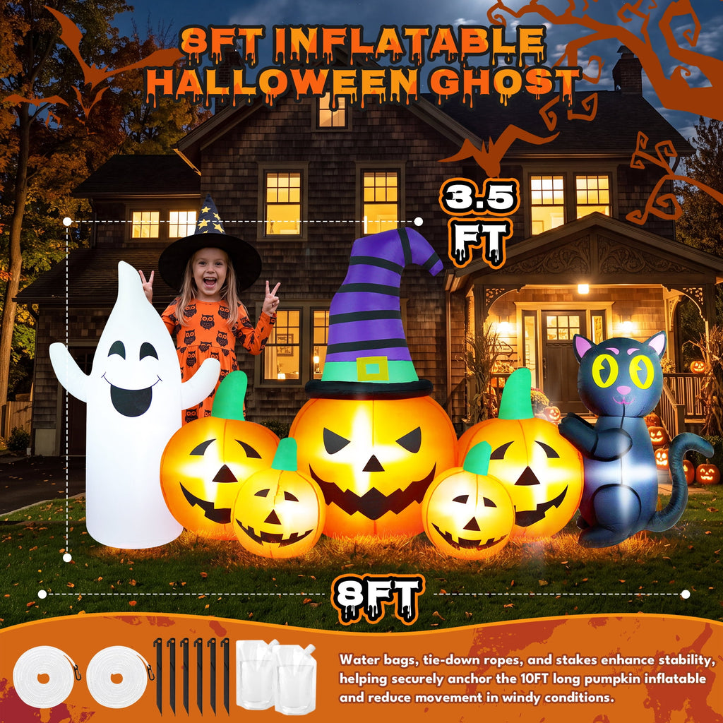Witchwood™ 8FT Long Halloween Inflatable Pumpkin with Ghost and Black Cat,Outdoor Halloween Decoration with LED Lights for Yard Lawn Garden Porch Party Decor