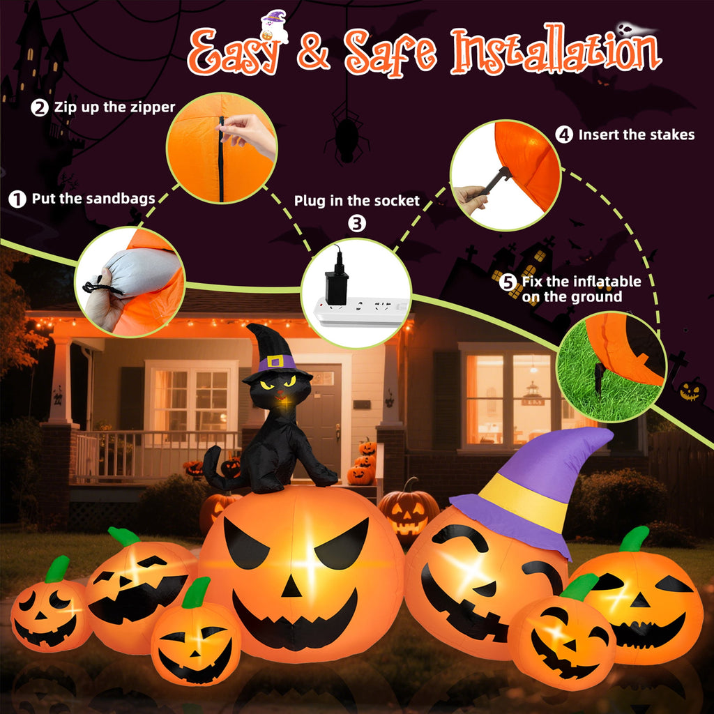 Witchwood™ B&D 8FT Long Halloween Inflatables Pumpkin, Blow Up Pumpkins Inflatables with Witch Hat & Black Cat Built-in LED Lights for Halloween Party Yard Garden Lawn Decor