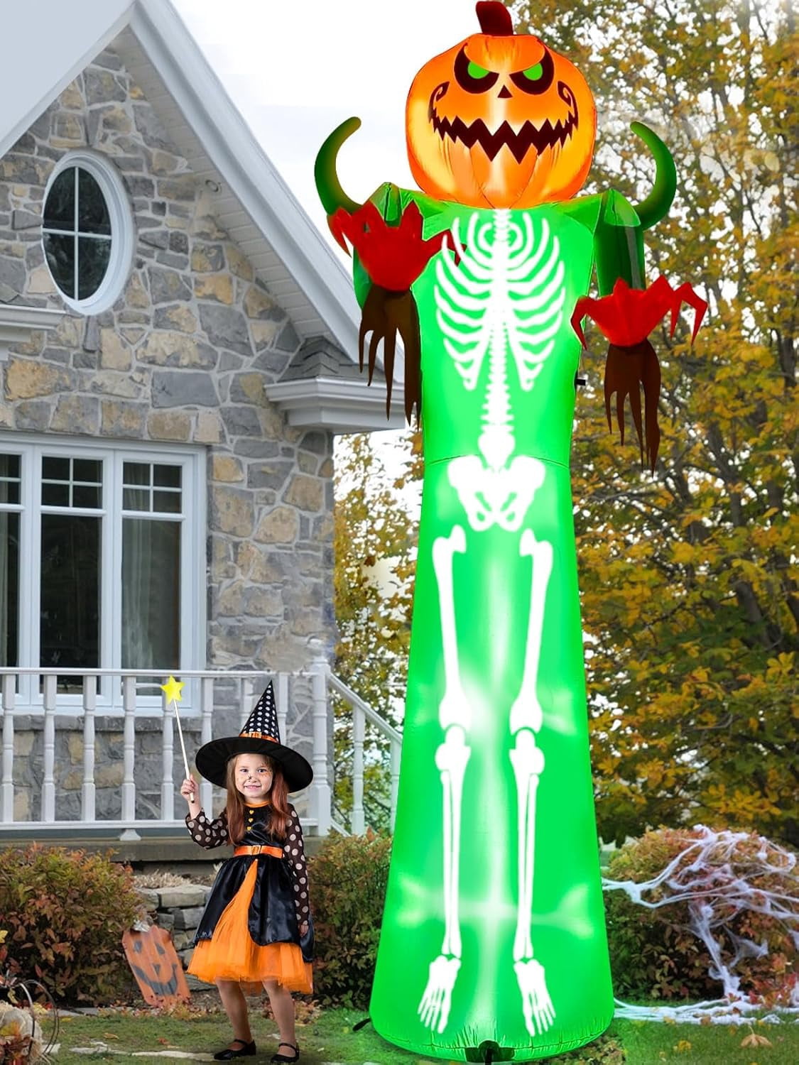 Witchwood™ 12FT Halloween Inflatable with LED Lights ? Giant Pumpkin & Skeleton Outdoor Decoration for Yard, Lawn, Home, & Party ? Scary Blow-Up Halloween Holiday Decor