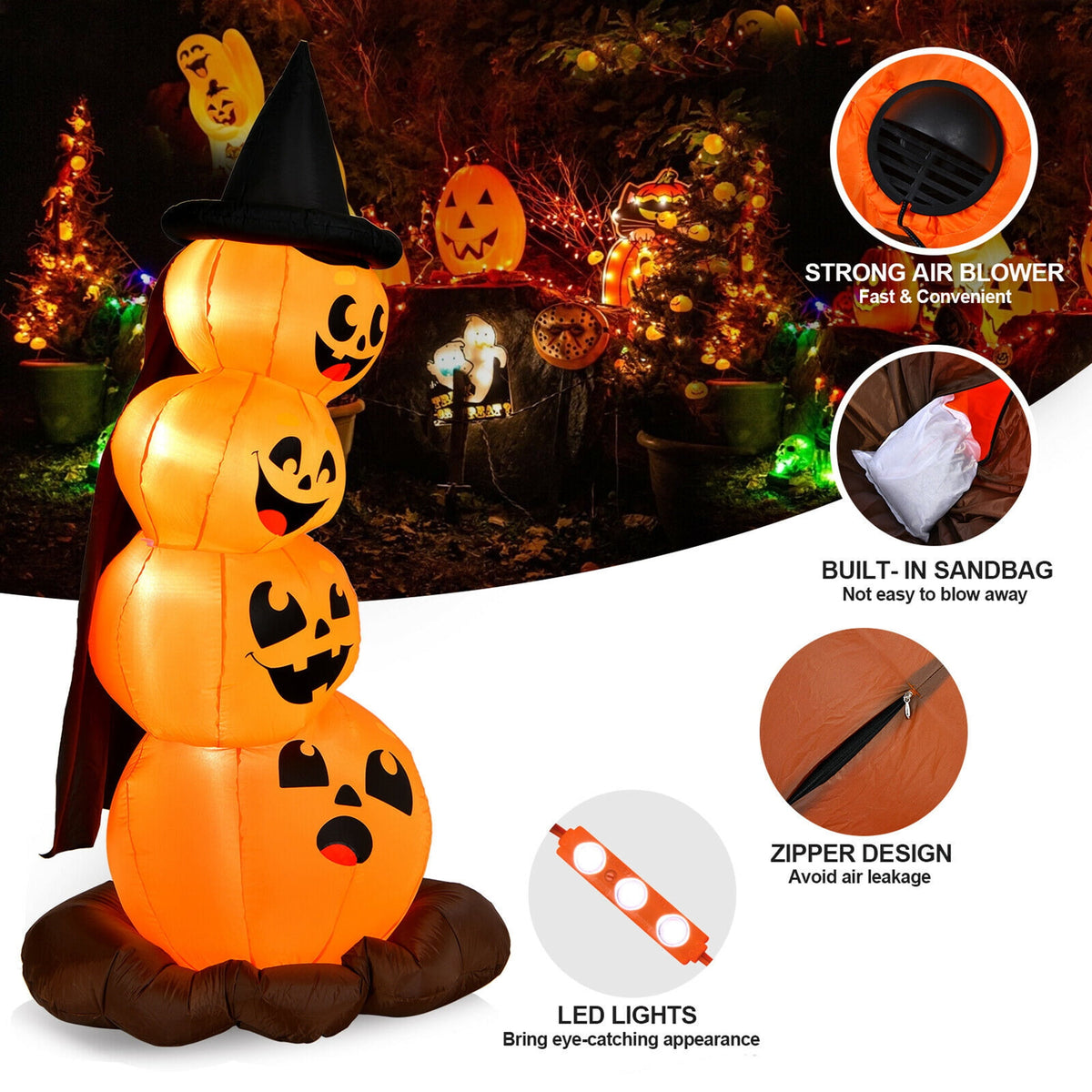 Witchwood™ Gymax 7ft Inflatable Pumpkin Combo Halloween Decoration w/ Built-in LED Lights