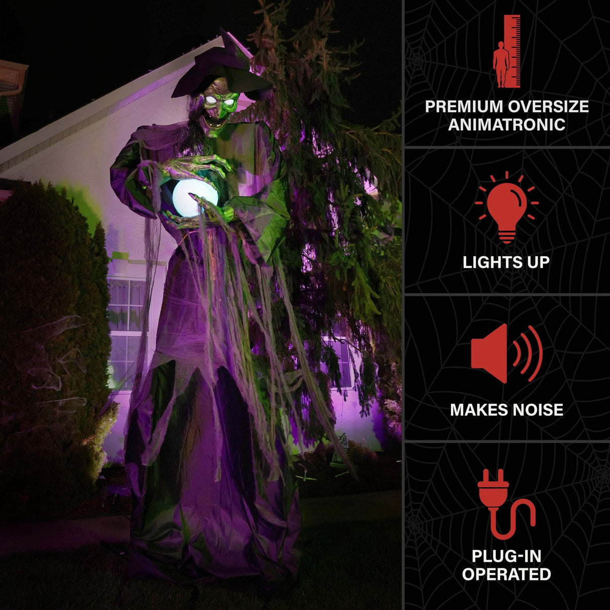 Witchwood™ Towering Witch Halloween Animatronic with Glowing Eyes & Magic Ball, 9.8-Ft