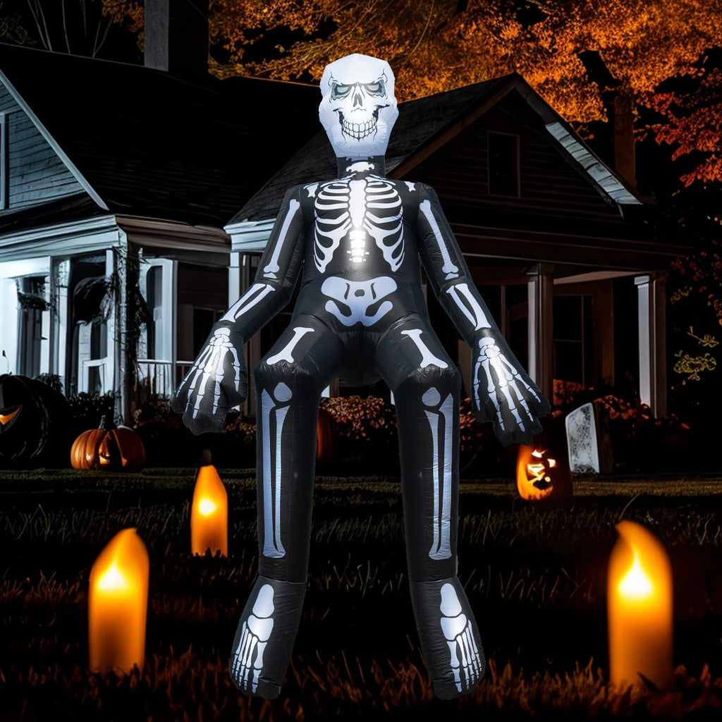 Witchwood™ Halloween Inflatables Outdoor Decorations, 10.5FT Sitting Skeleton Halloween Outdoor Inflatables Decorations Skeleton Blow Up Built in Lights Air Pump for Halloween Party Yard Garden Party Supplies