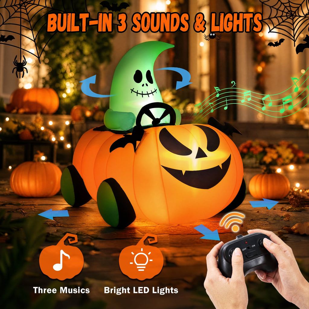 Witchwood™ (2 pack) 2.6ft Halloween Inflatable with Music and Lights,Remote Control Pumpkin Ghost Car,Blow ups Rc Car,Indoor Outdoor,Orange Green