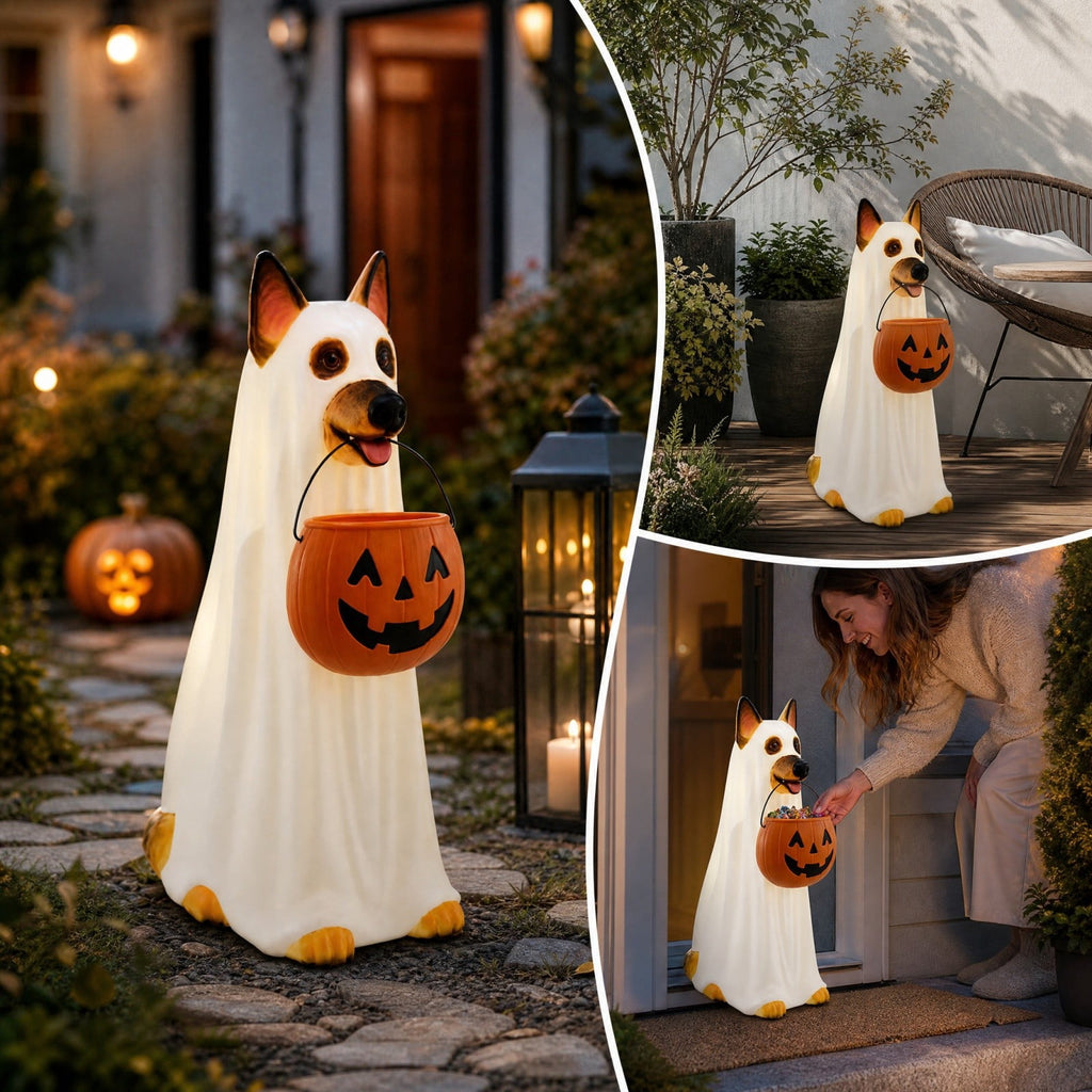 Witchwood™ Clearance! Halloween Ghost Dog Statue with Pumpkin Candy Bowl, 14" LED Ghost German Shepherd Blow-Molded Figurine Outdoor, Halloween Candy Holder Decoration Gift for Porch Yard Patio Indoor