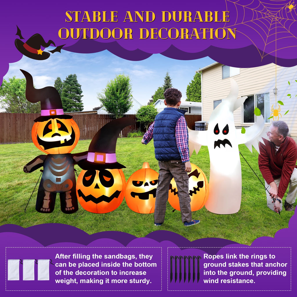 Witchwood™ Vrilay Halloween Inflatables, 7 FT Long 4 Pumpkins with Cute White Ghost Outdoor Decorations, Built-in LEDs, Blow Up Party, Waterproof Yard, Garden, Lawn Decor