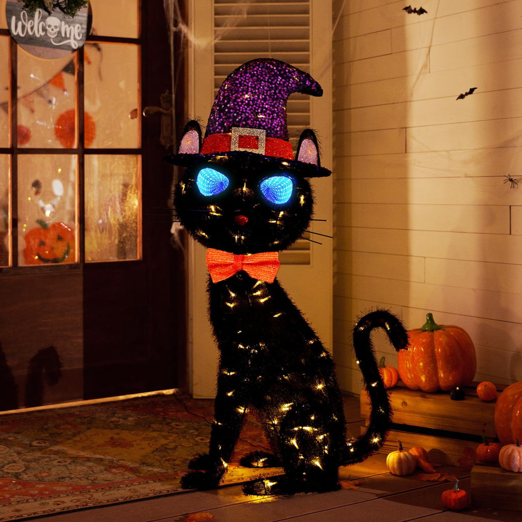 Witchwood™ MARACOL 3.5FT Black Cat Halloween Decor, Animated Eyes Scary Halloween Cat Decor with Witch Hat, Light-Up Black Cat with 125 LED for Outdoor Indoor Yard Porch Lawn Garden