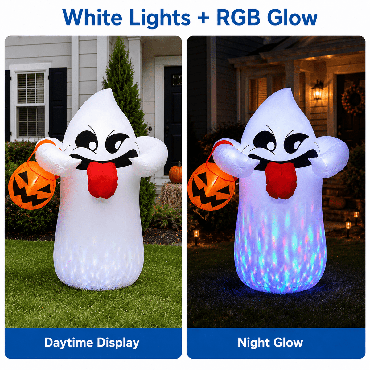 Witchwood™ 5FT Halloween Inflatable Ghost Holding Pumpkin Lantern, Light-Up Blow Up Outdoor Yard Decoration with RGB LED Lights