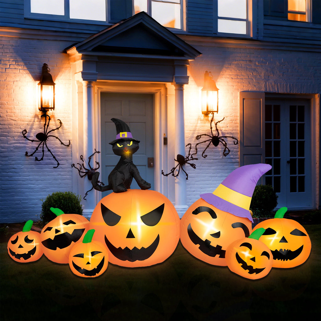 Witchwood™ B&D 8FT Long Halloween Inflatables Pumpkin, Blow Up Pumpkins Inflatables with Witch Hat & Black Cat Built-in LED Lights for Halloween Party Yard Garden Lawn Decor