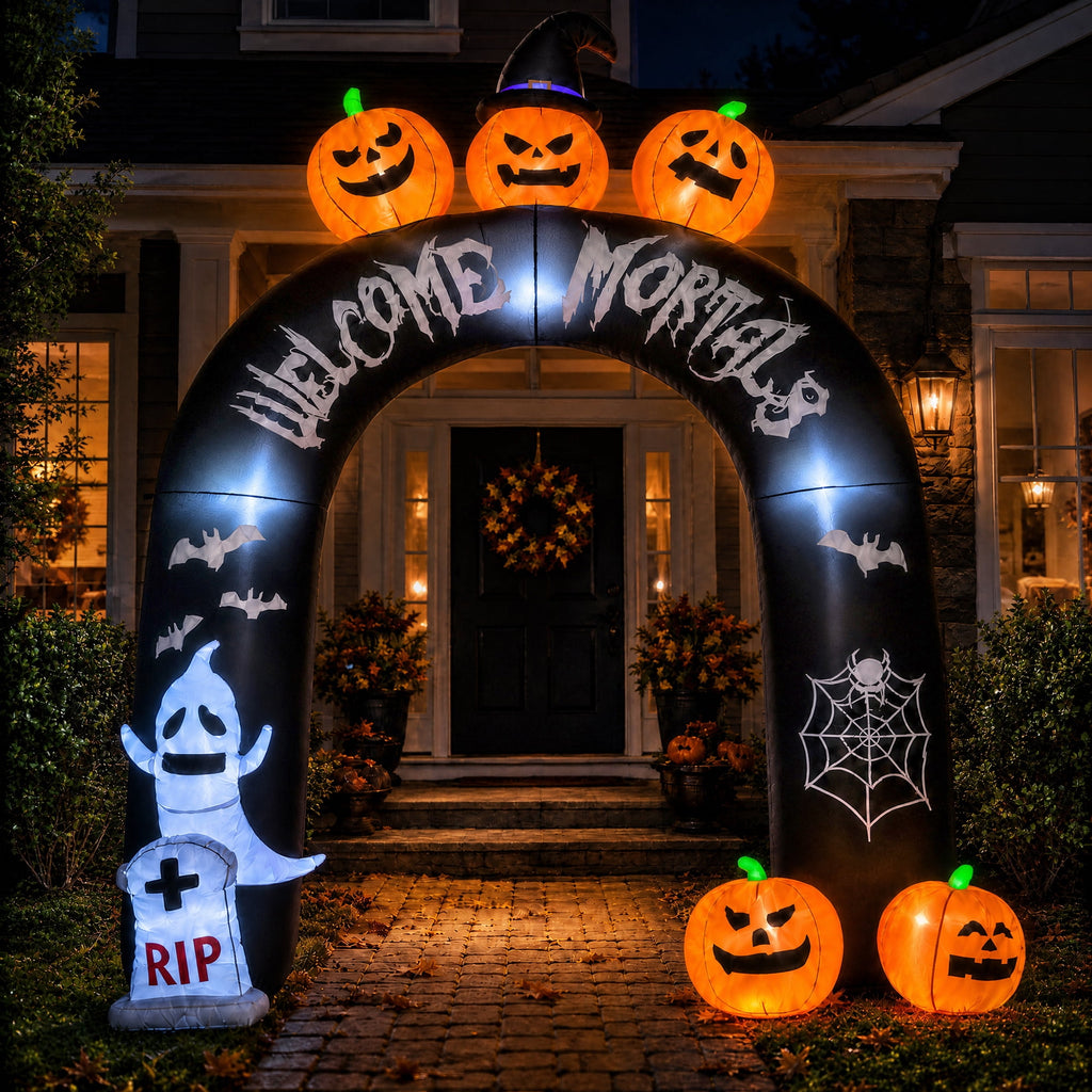 Witchwood™ 10FT Halloween Inflatable Arch for Outdoor Decor, LED Lighted Scary Archway with Ghost & Pumpkin, Blow Up Yard Decoration for Haunted Party Graveyard