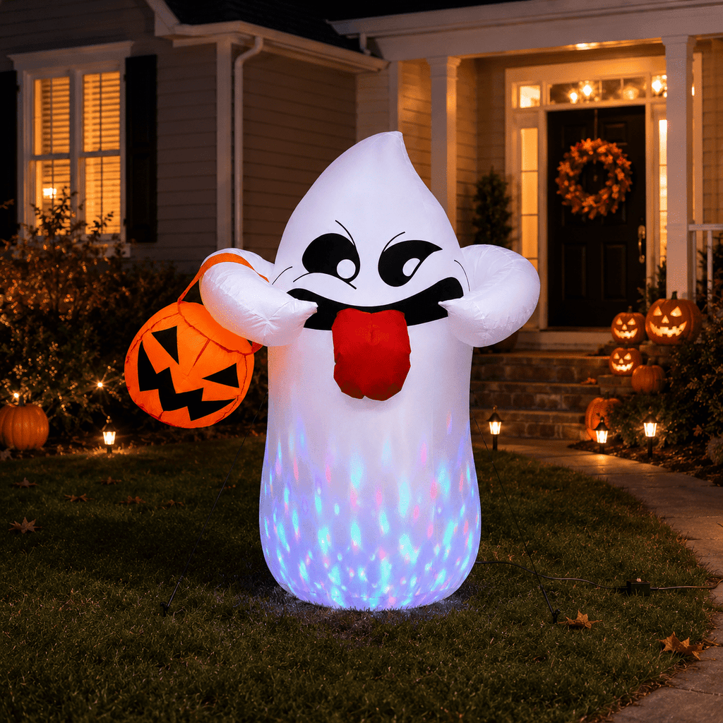 Witchwood™ 5FT Halloween Inflatable Ghost Holding Pumpkin Lantern, Light-Up Blow Up Outdoor Yard Decoration with RGB LED Lights