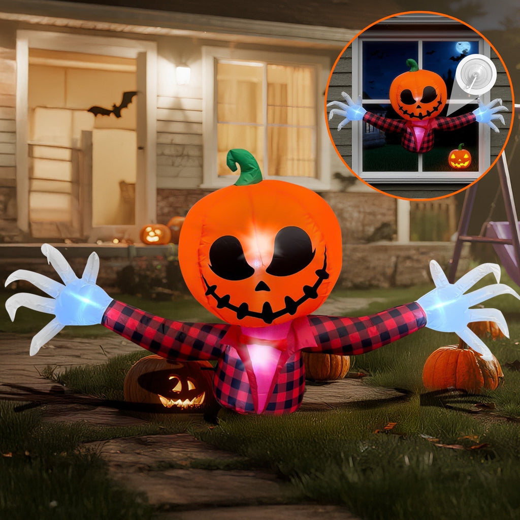 Witchwood™ 5 FT Halloween Inflatable Pumpkin Ghost ? Outdoor LED Blow-Up Decoration with Giant Arms, Light-Up Eyes, Waterproof Yard Decor for Lawn and Garden