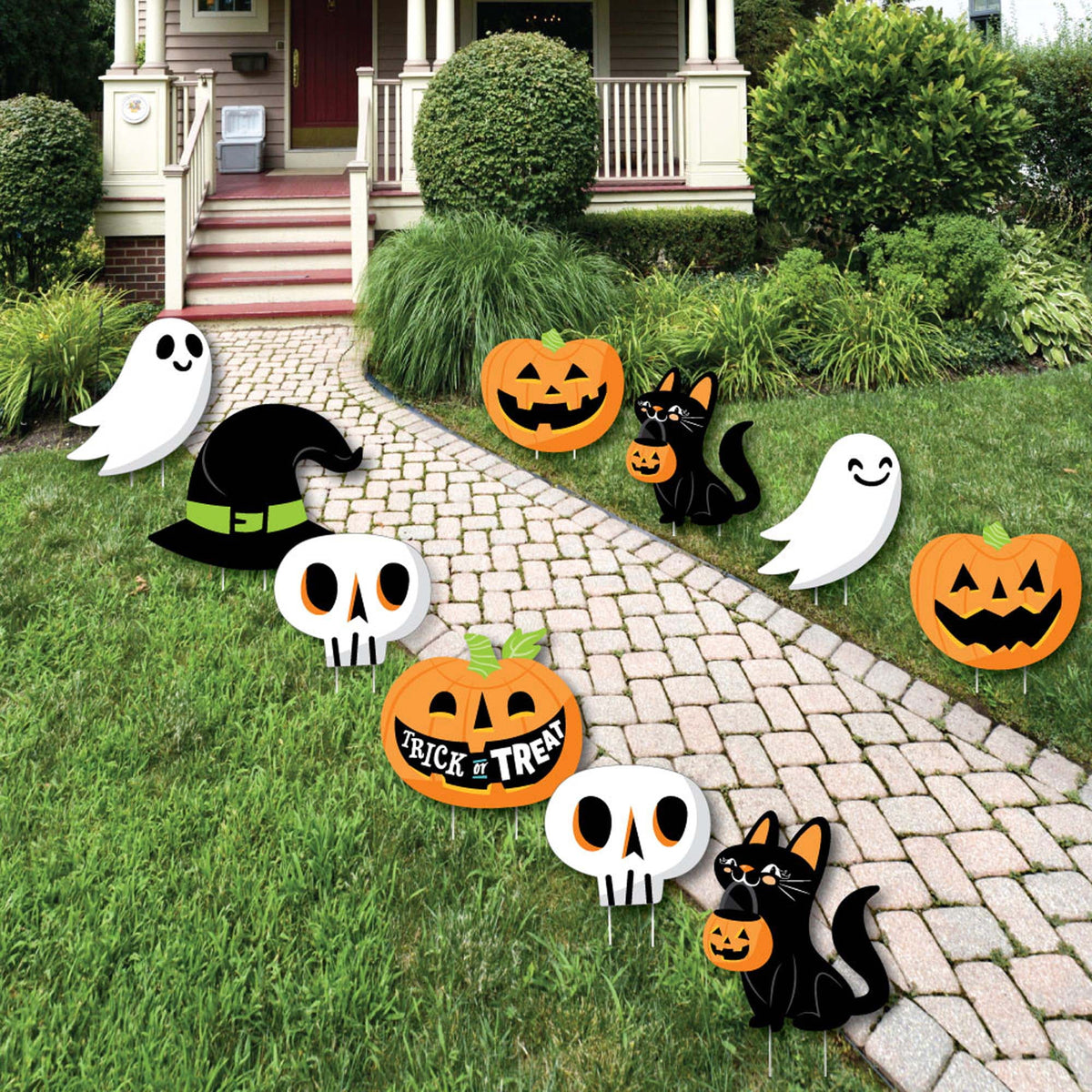 Witchwood™ Big Dot of Happiness Jack-O'-Lantern Halloween - Black Cat Ghost Skull & Witch Hat Lawn Decor - Outdoor Kids Halloween Party Yard Decorations - 10 Pc
