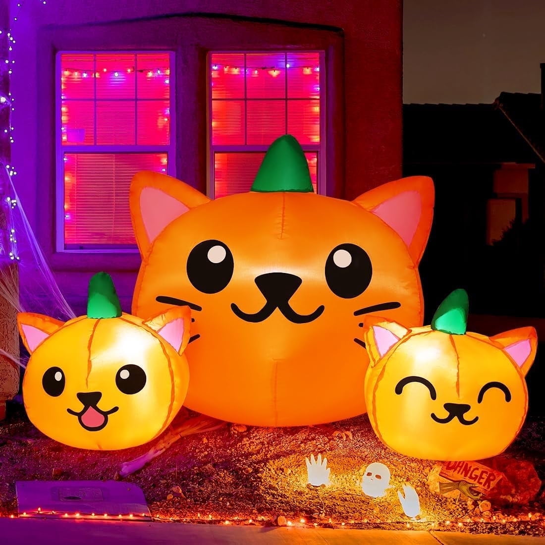 Witchwood™ COMIN Halloween Inflatable 5 FT Long Three Pumpkin Cat Head Combo with Built-in LEDs, Blow Up Yard Decoration for Holiday Party Indoor, Outdoor, Yard, Garden, Lawn