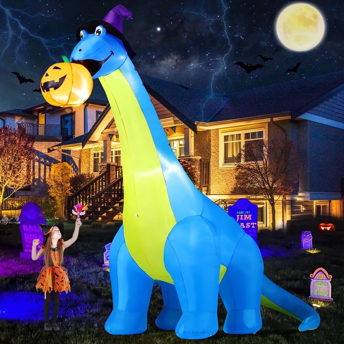 Witchwood™ COMIN Halloween Inflatables 10 FT Tall Dinosaurs Eating Pumpkin Blow Up Yard Decoration with Built-in LED for Yard Garden Party Lawn