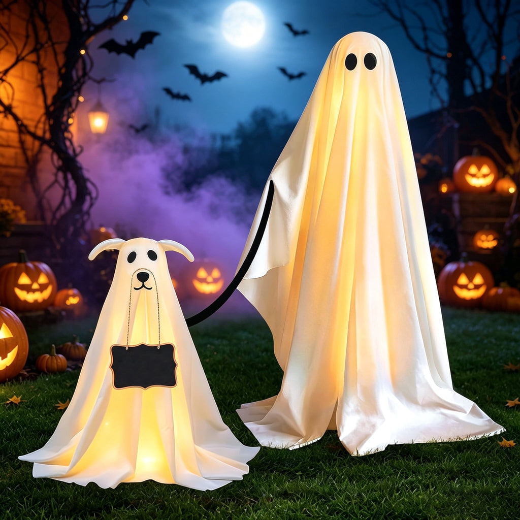 Witchwood™ Clearance Outdoor Halloween Decorations 2 Pack Spooky Ghost Dog Light-Up Freestanding Swinging Ghost for Front Door Porch Yard Lawn Home Party