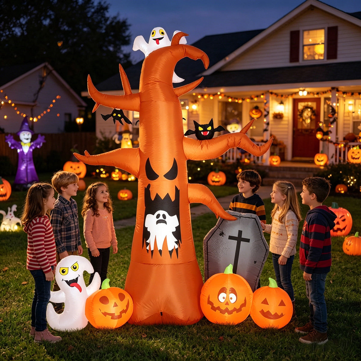 Witchwood™ Coolmade 8 ft Halloween Inflatable Outdoor Dead Tree with Ghosts Pumpkins Tombstone Bat, Halloween Blow Up Yard Decorations Clearance with Build-in LED Lights for Holiday Party Lawn Yard Garden