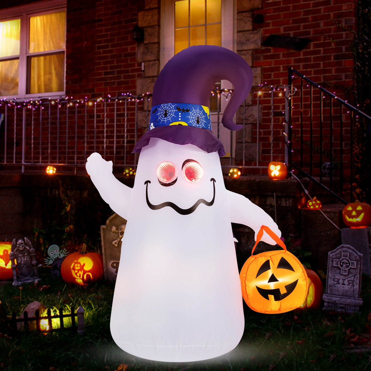 Witchwood™ Costway 6 Ft Halloween Inflatables Cute Ghost with Jack-O-Lantern & Witch Hat