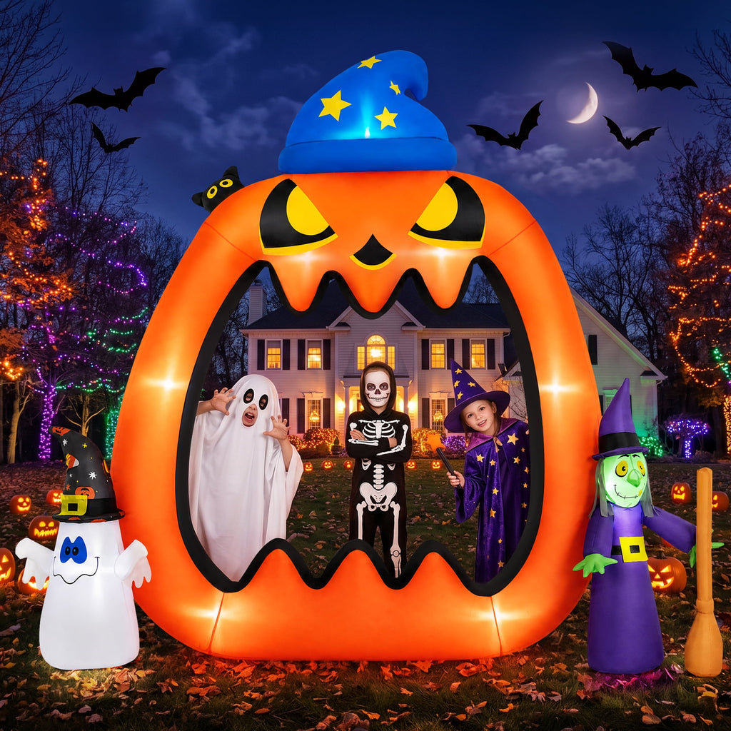 Witchwood™ 8.2ft Halloween Inflatable Pumpkins Photo Door with Ghost Witch Yard Party Outdoor Decorations with LED Lights