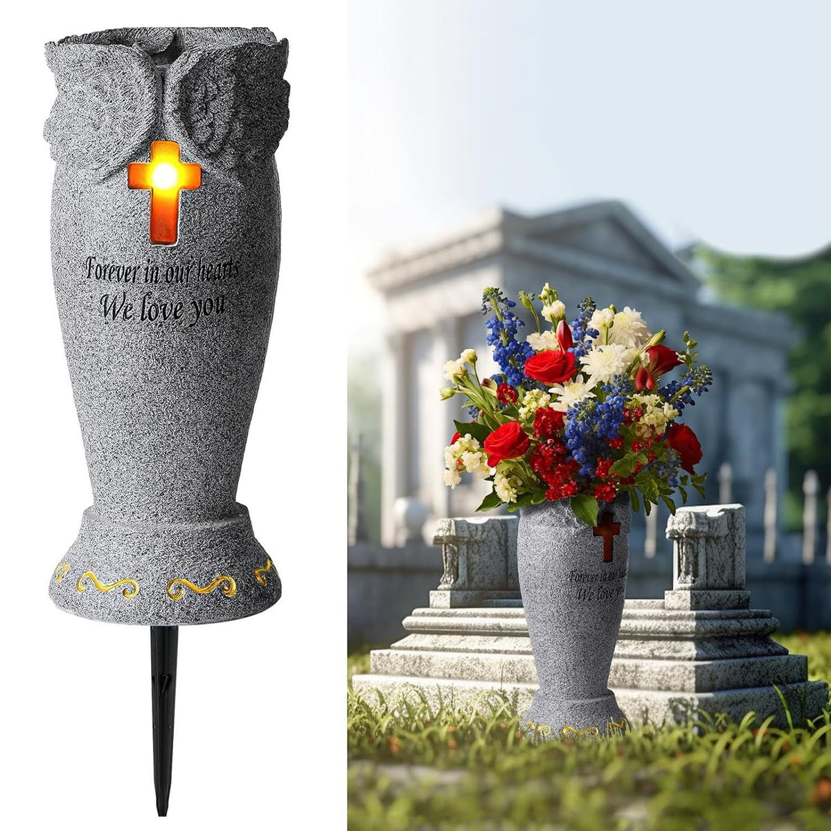 Witchwood™ Fridja Cemetery Grave Flower Vase with Cross Solar Light Cemetery Decorations for Grave, Angel Vases with Spikes Grave Markers Decor for Cemetery for Humans or Pet, Garden Memorial Gifts for Loved One