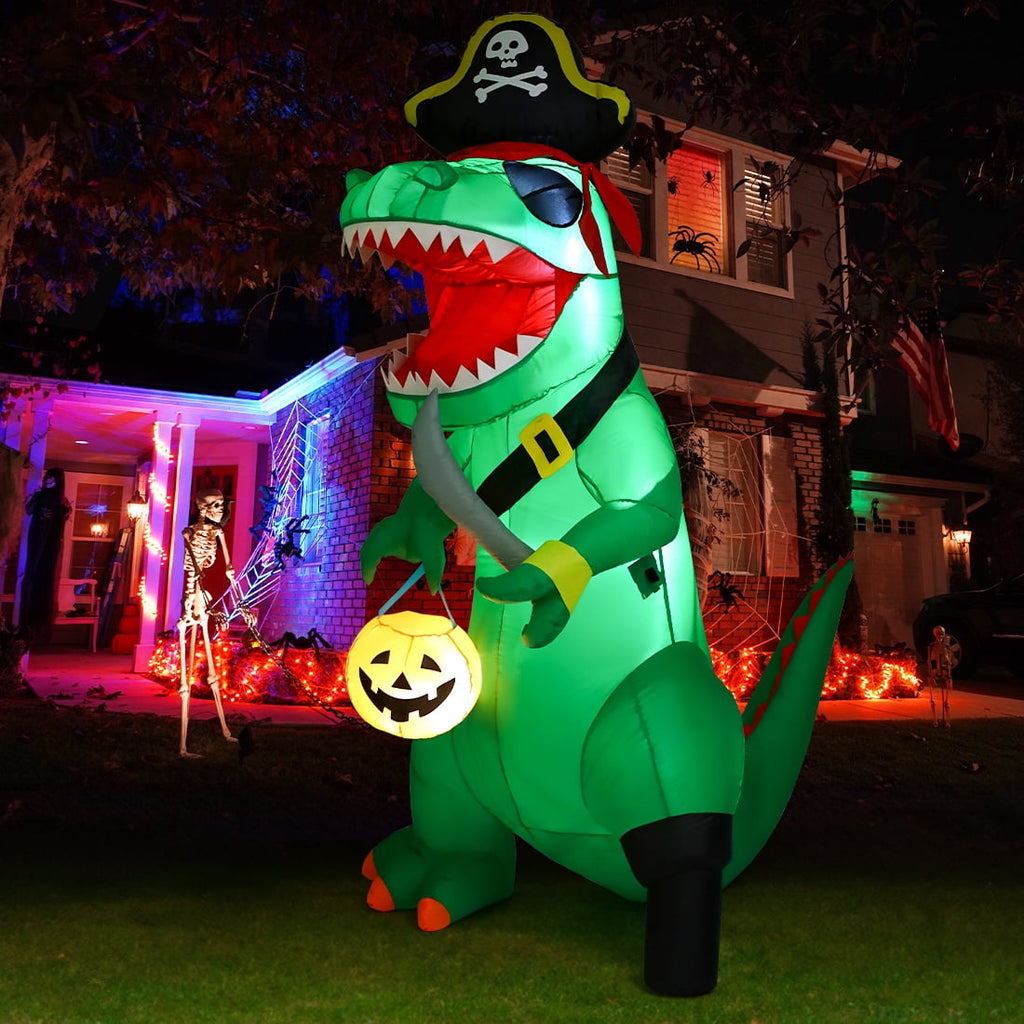 Witchwood™ 7FT Outdoor Halloween Decorations Halloween Dinosaur Inflatable, Halloween Inflatables Blow up Dinosaur, Green Pirate Dino Halloween Decorations Dinosaur Halloween Inflatable for Holiday/Party