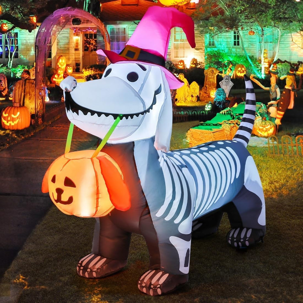 Witchwood™ Halloween Inflatables 5.7 FT Halloween Skeleton Dog Inflatable, Halloween Skeleton Puppy Inflatable with Build-in LEDs, Outdoor Halloween Decorations Clearance for Halloween Holiday Party