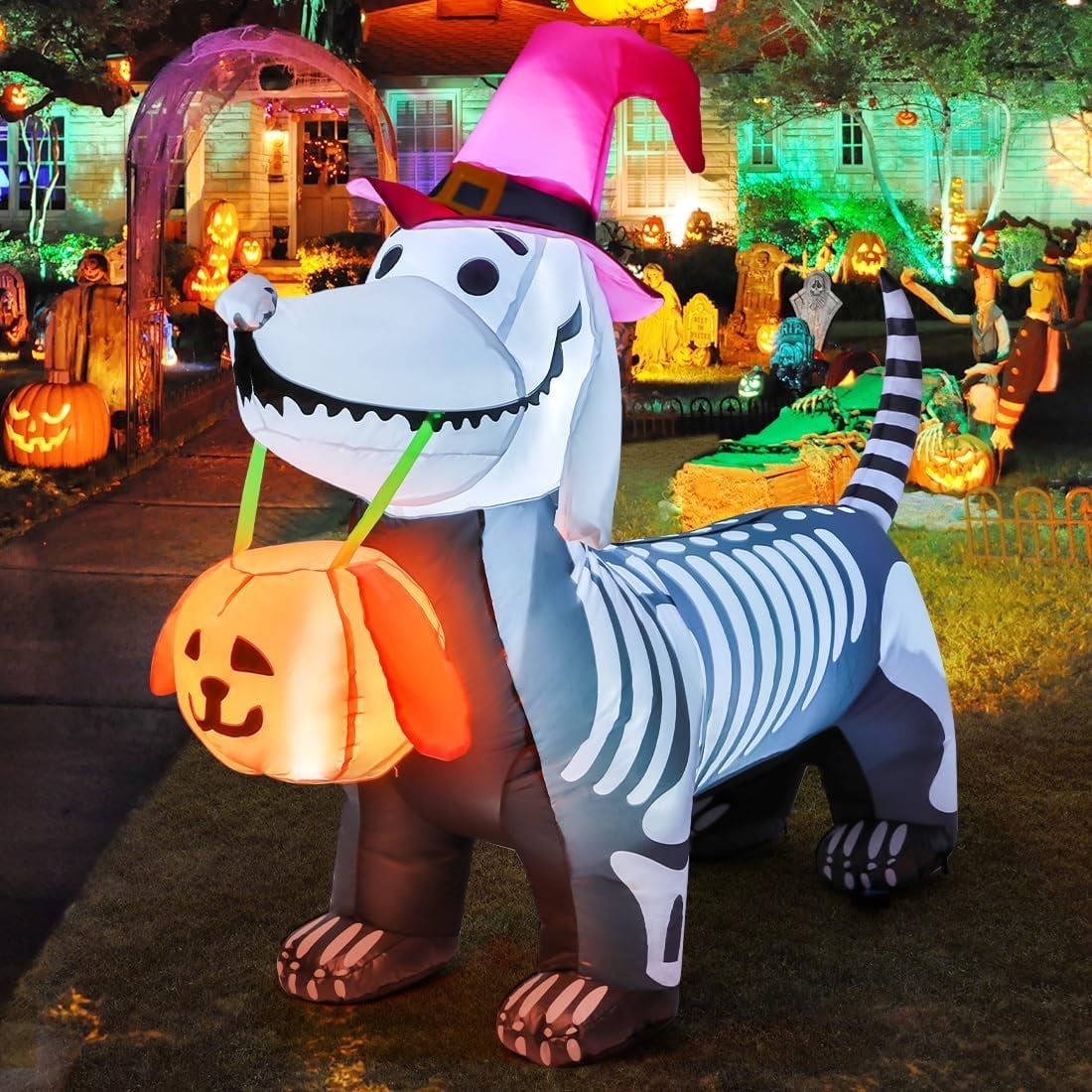 Witchwood™ Halloween Inflatables 5.7 FT Halloween Skeleton Dog Inflatable, Halloween Skeleton Puppy Inflatable with Build-in LEDs, Outdoor Halloween Decorations Clearance for Halloween Holiday Party