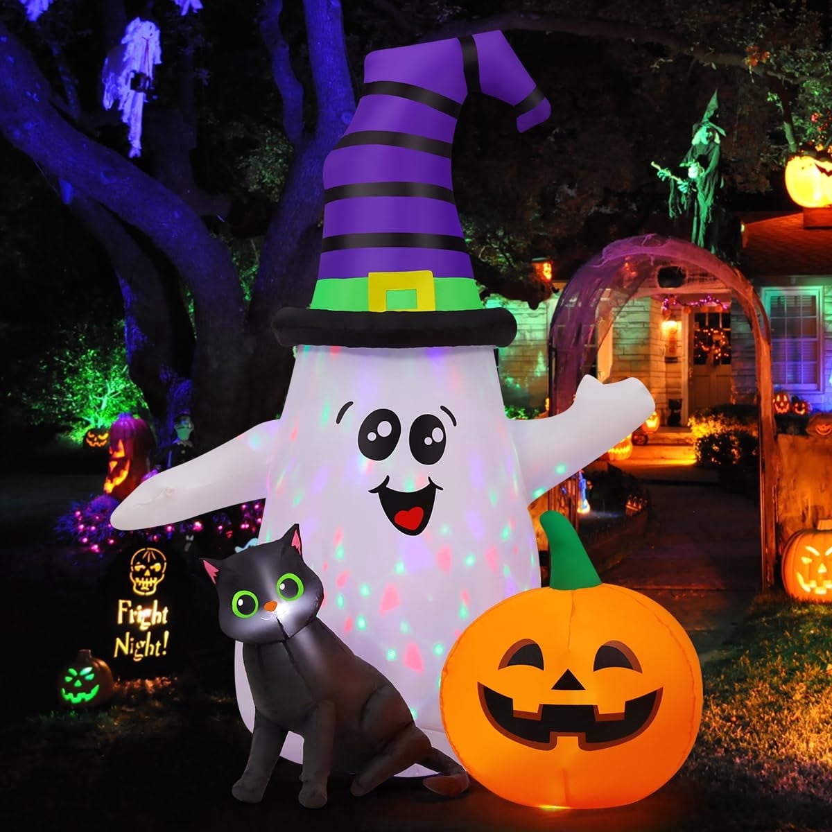 Witchwood™ Halloween Inflatables 5 FT Halloween Ghost Inflatable with LED Lights, Cute Ghost Blow Up with Wizard Hat Pumpkin Black Cat, Outdoor Halloween Decorations for Halloween Holiday Indoor Outdoor