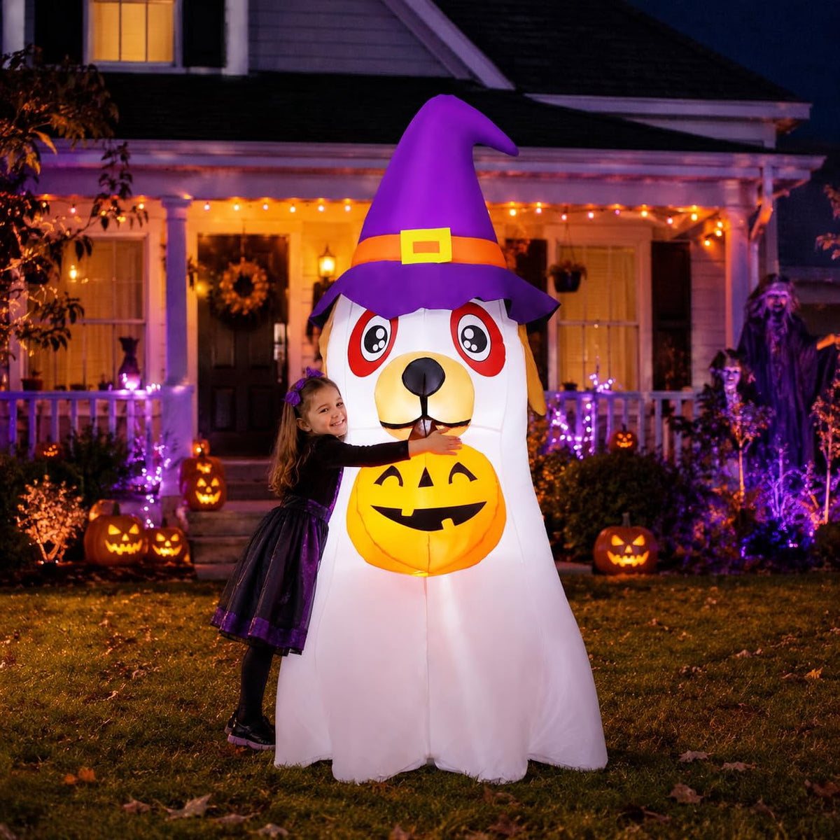 Witchwood™ Halloween Inflatables 6 FT Inflatable Ghost Dog with Pumpkin in Mouth & Witch Hat, Halloween Ghost Dog Inflatables with LED Lights, Outdoor Halloween Decorations for Halloween Holiday Party