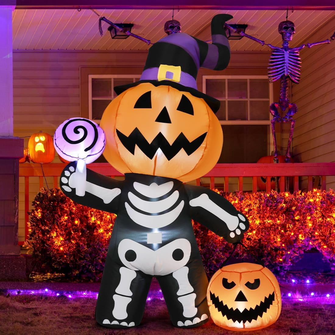 Witchwood™ Halloween Inflatables 6 FT Halloween Pumpkin Inflatable with Skull Body, Scary Blow Up Halloween Pumpkin Decoration with LED Lights, Outdoor Halloween Decorations Clearance for Holiday Party
