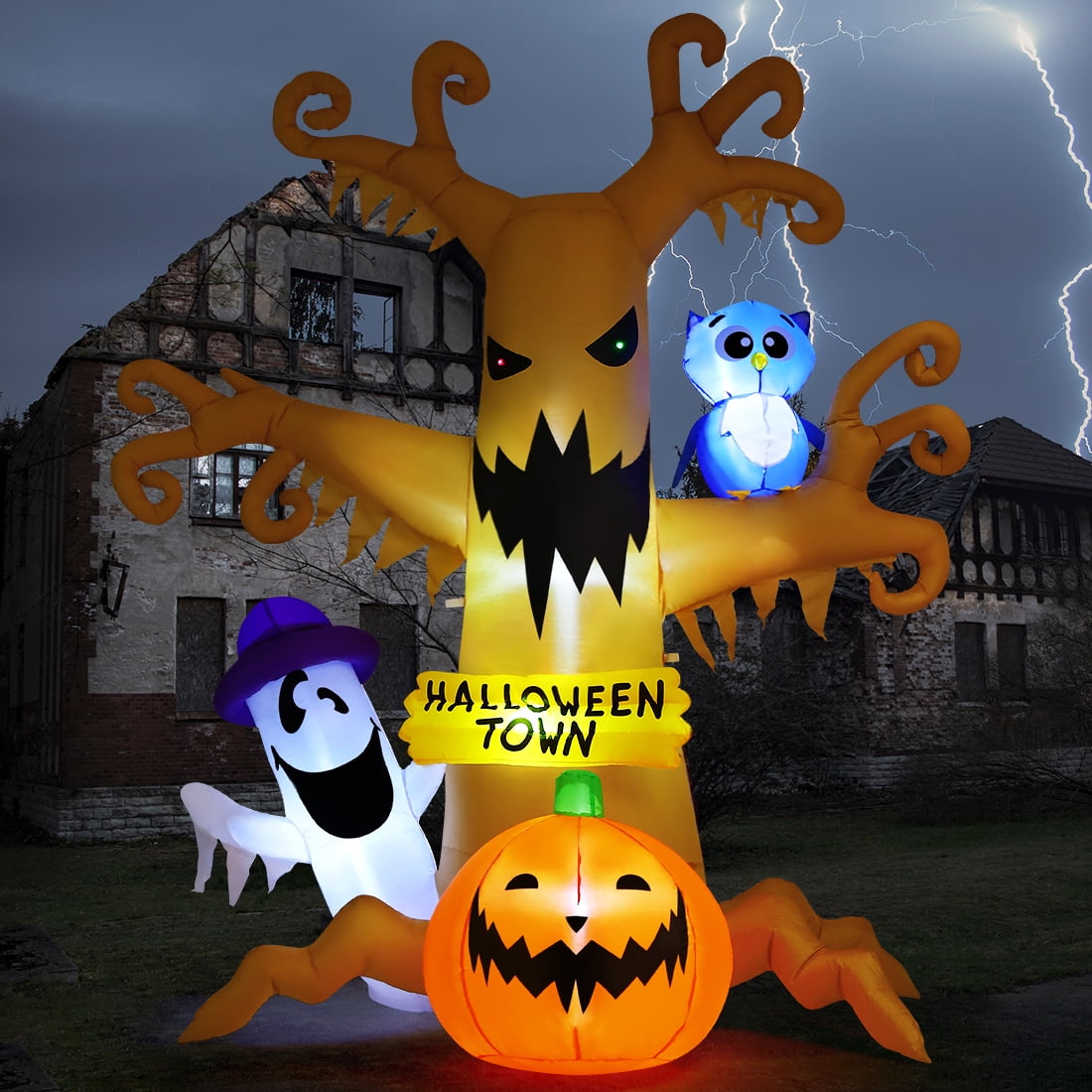 Witchwood™ Halloween Inflatables 8 FT Halloween Inflatable tree with Ghost Pumpkin and Owl, Halloween Dead Tree Decorations Scary Halloween Decorations with Built-in Lights for Halloween/Holiday/Party