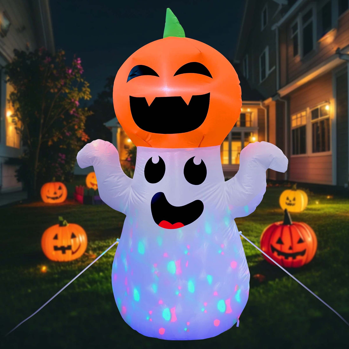 Witchwood™ 5Ft Halloween Inflatable Pumpkin Ghost with 360° Rotating Colorful LED Lights, Cute Indoor/Outdoor Decor for Party, Yard, Lawn