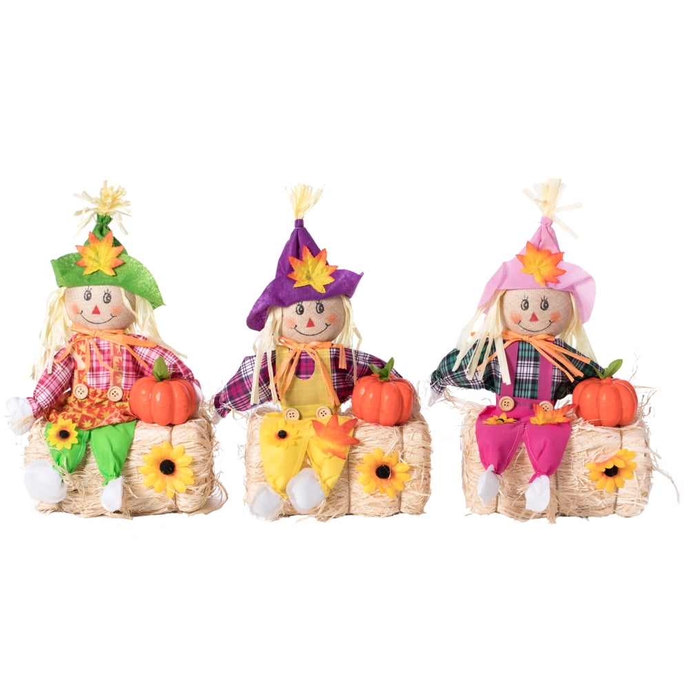 Witchwood™ Gardenised 18 Inch Sitting on Straw and Hay Bales Multicolor Trio Scarecrows for Halloween, Fall and All Time Season Garden Decor, Perfect to Add a Festive Touch to Your Lawn