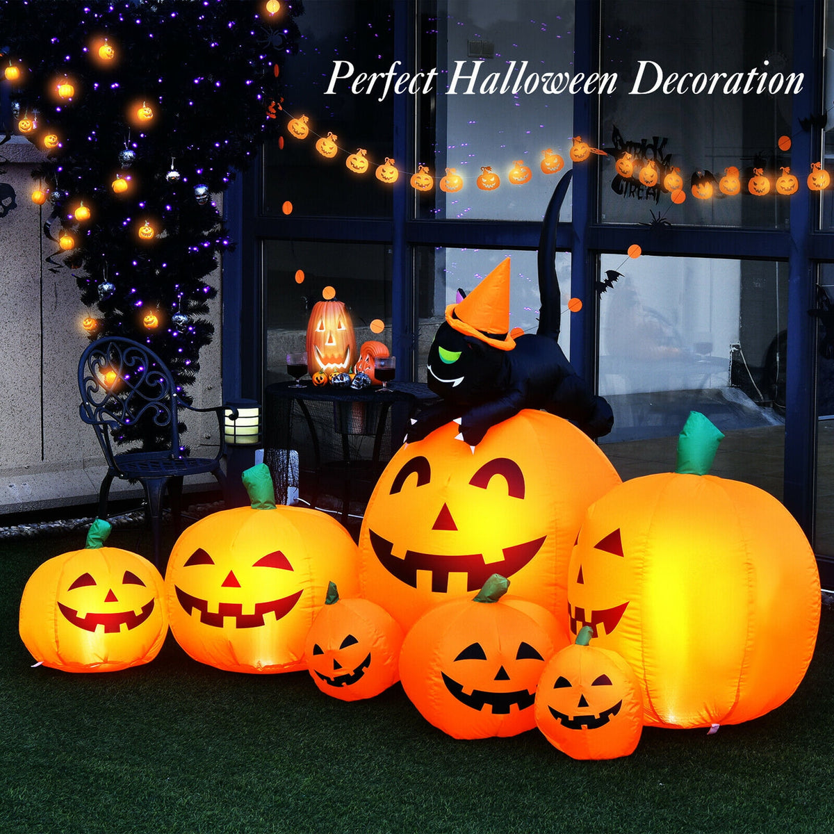 Witchwood™ Gymax Inflatable Pumpkin Combo Halloween Decoration 7.5ft Length w/ LED Lights