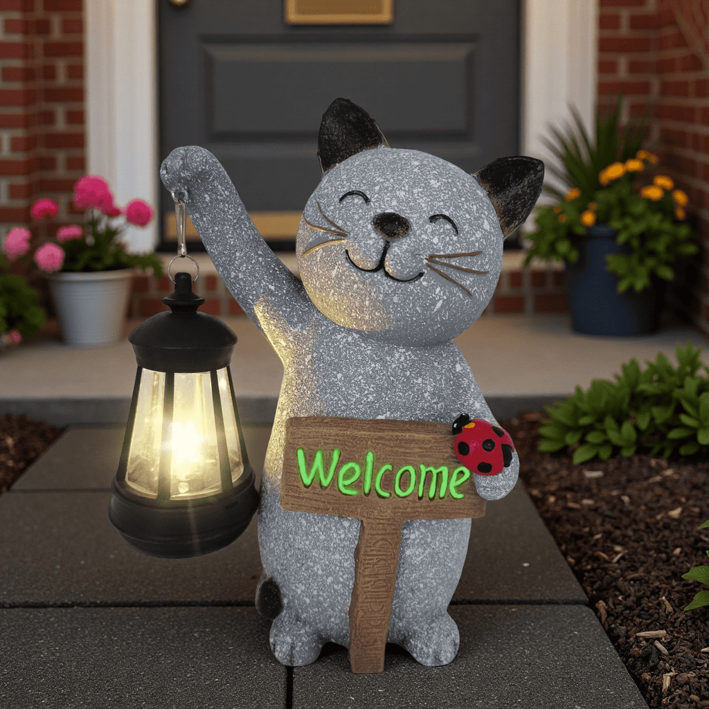 Witchwood™ Halloween Decorations Solar Cat Statue Light Garden Decor, Led Home Outside Decor for Patio Yard Pool Front Porch Flower Pots, Solar Powered Welcome Cat Lantern Gardening Gifts