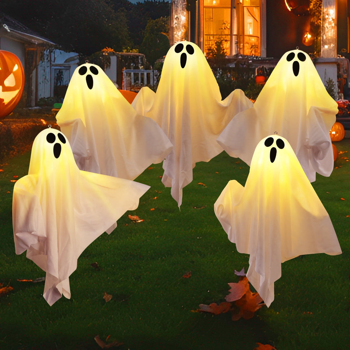 Witchwood™ Halloween Decorations, Solar Garden Lights Outdoor, 5Packs Halloween Ghost Decorations Lights Indoor, Solar Scary Ghost Path Lights for Halloween Party Decor, Porches Yards Gardens Lawn, Warm White