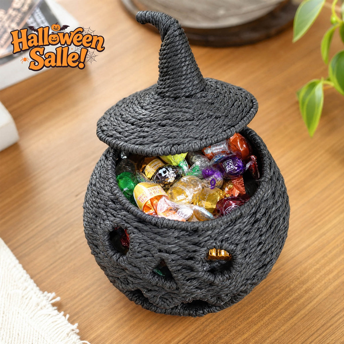 Witchwood™ Halloween Decorations Woven Pumpkin, Handwoven Pumpkin Basket with Witch Hat Lid, Rustic Wicker Pumpkins Trick or Treat Bucket for Candy Storage & Festival Display, Table Fireplace Farmhouse Decor