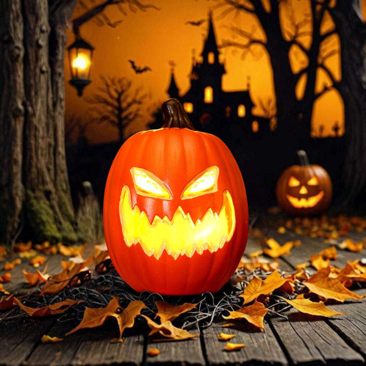 Witchwood™ Halloween LED Light Up Pumpkin Decorations for Home,12" Blow Molded Jack O Lantern with Realistic Carved Design,Battery Operated Indoor Outdoor Halloween Party Decor,Bar,Yard,Porch