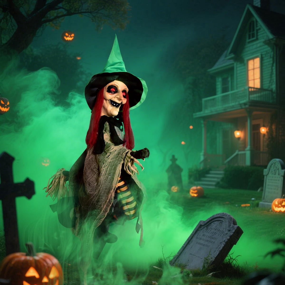 Witchwood™ Halloween LED Light-Up Flying Witch on Broomstick, Realistic Sound & Motion, Scary Animated Decoration with Kicking Legs for Yard, Party, Haunted House Green