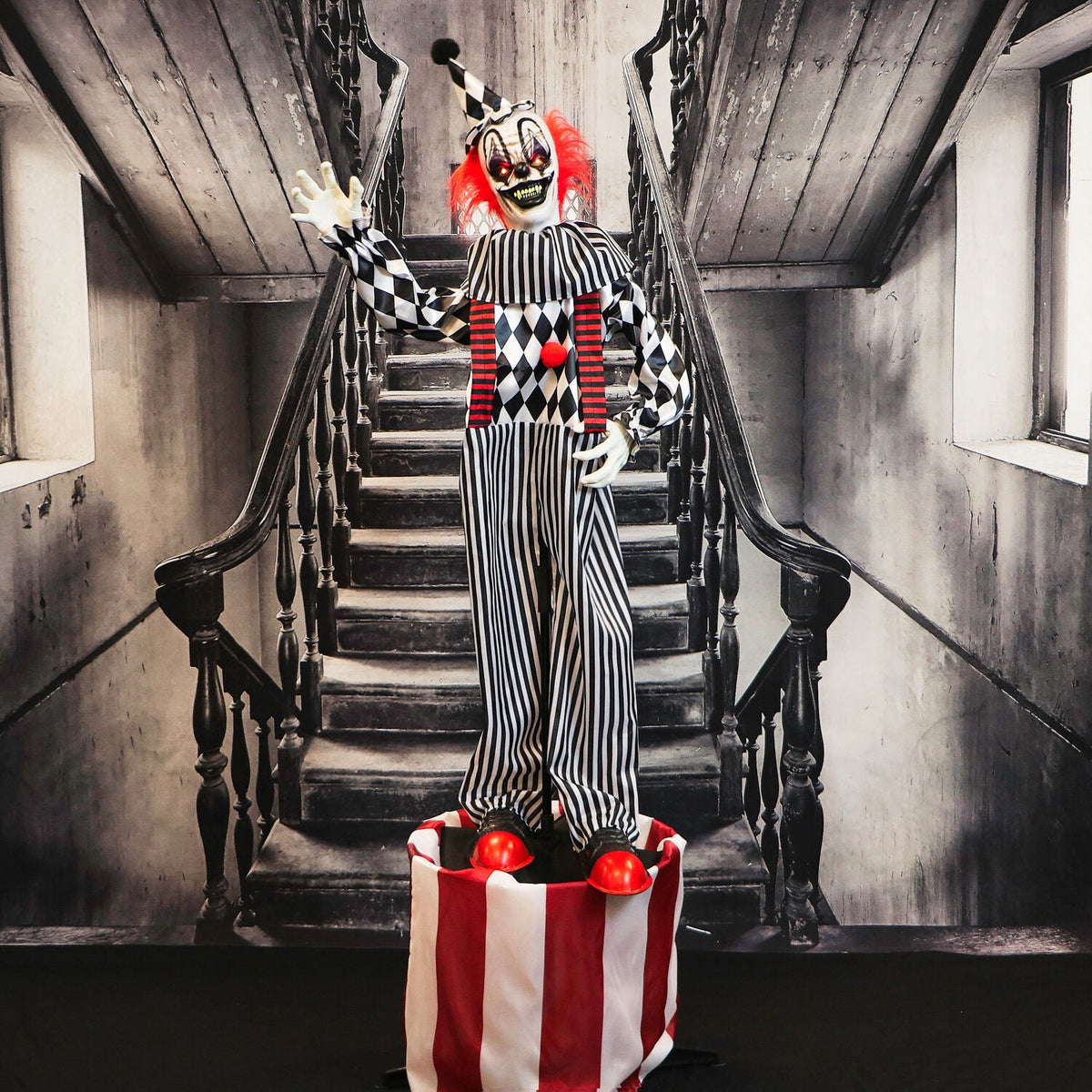 Witchwood™ 6 ft Animatronic Talking Clown on a Stage with Movement and Light-Up Eyes for Scary Halloween Decoration, HHCLOWN-31FLSA