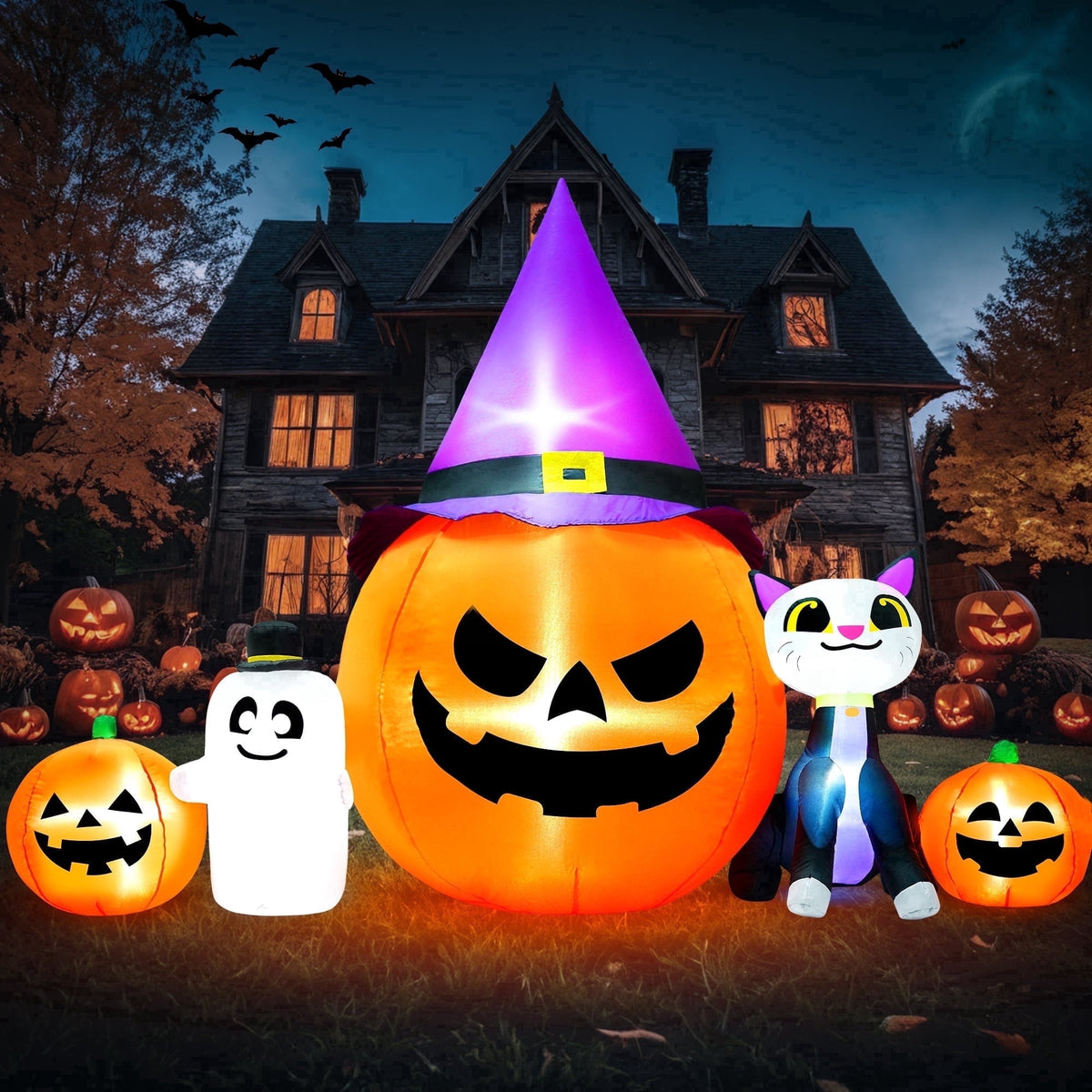 Witchwood™ 8ft Halloween Inflatable Pumpkins Outdoor Decor with Black Cat and Spectre,Built-in LED Lights,for Halloween Party,Yard,Garden,Lawn