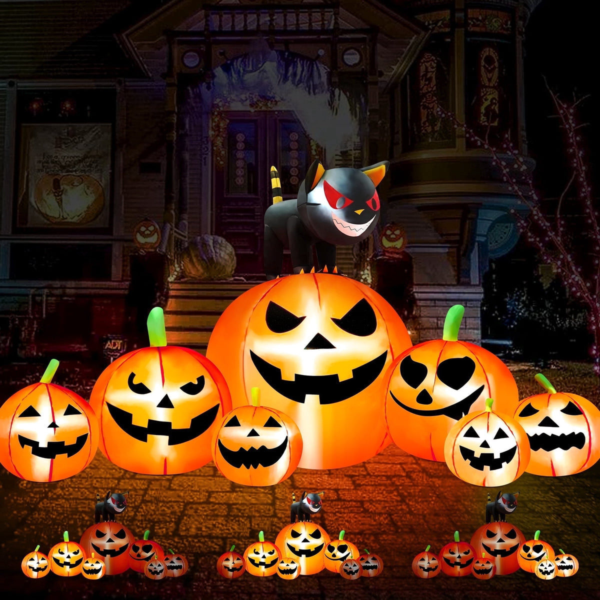 Witchwood™ 8.7ft Halloween Inflatables Pumpkins 7 Blow Up Decor with Witches Hat, Built-in LED Lights