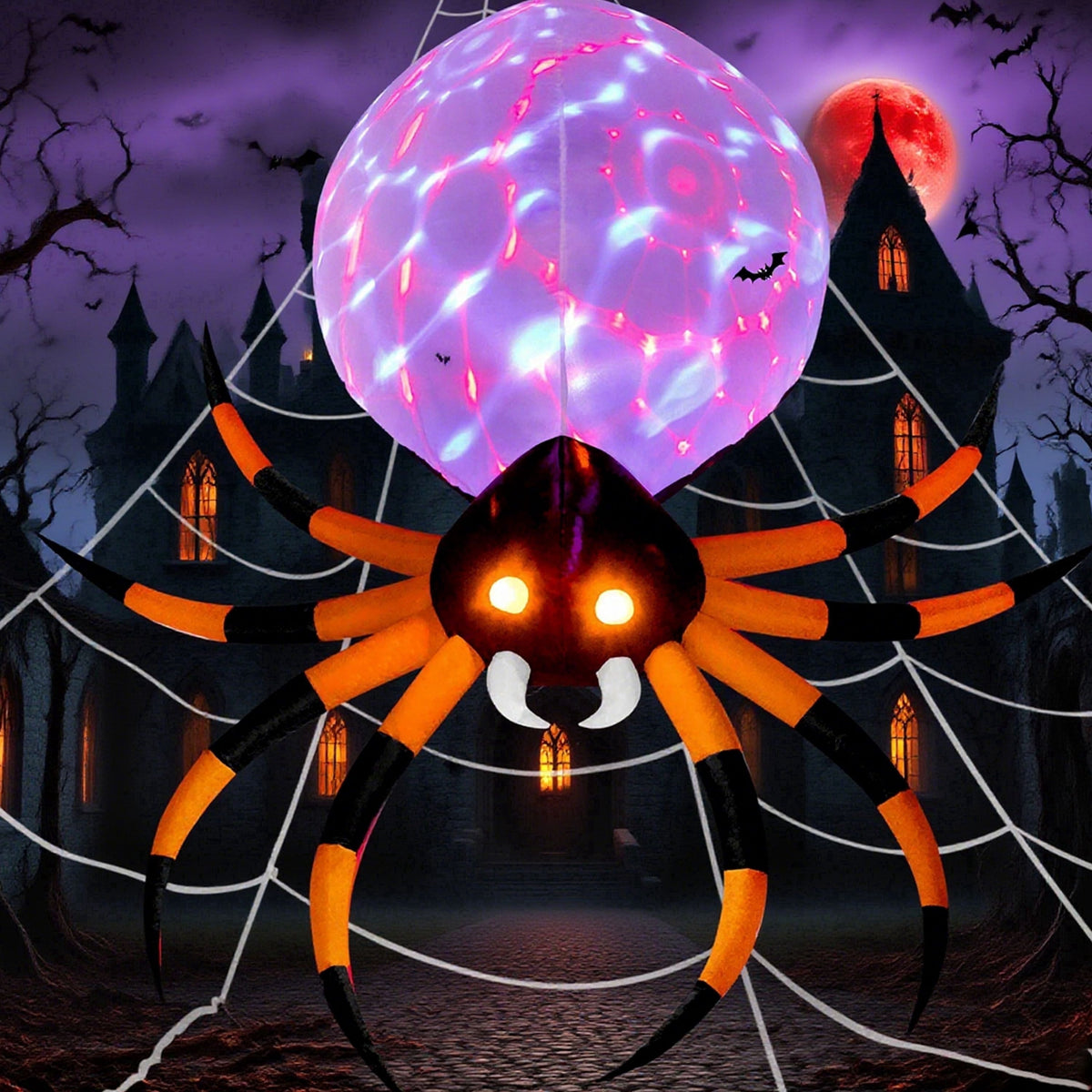 Witchwood™ 8 FT Halloween Inflatables Spider with Rotating Colorful Light,Light Up Spider with Orange Eyes Halloween Blow up Yard Decorations,Outdoor Halloween Decor