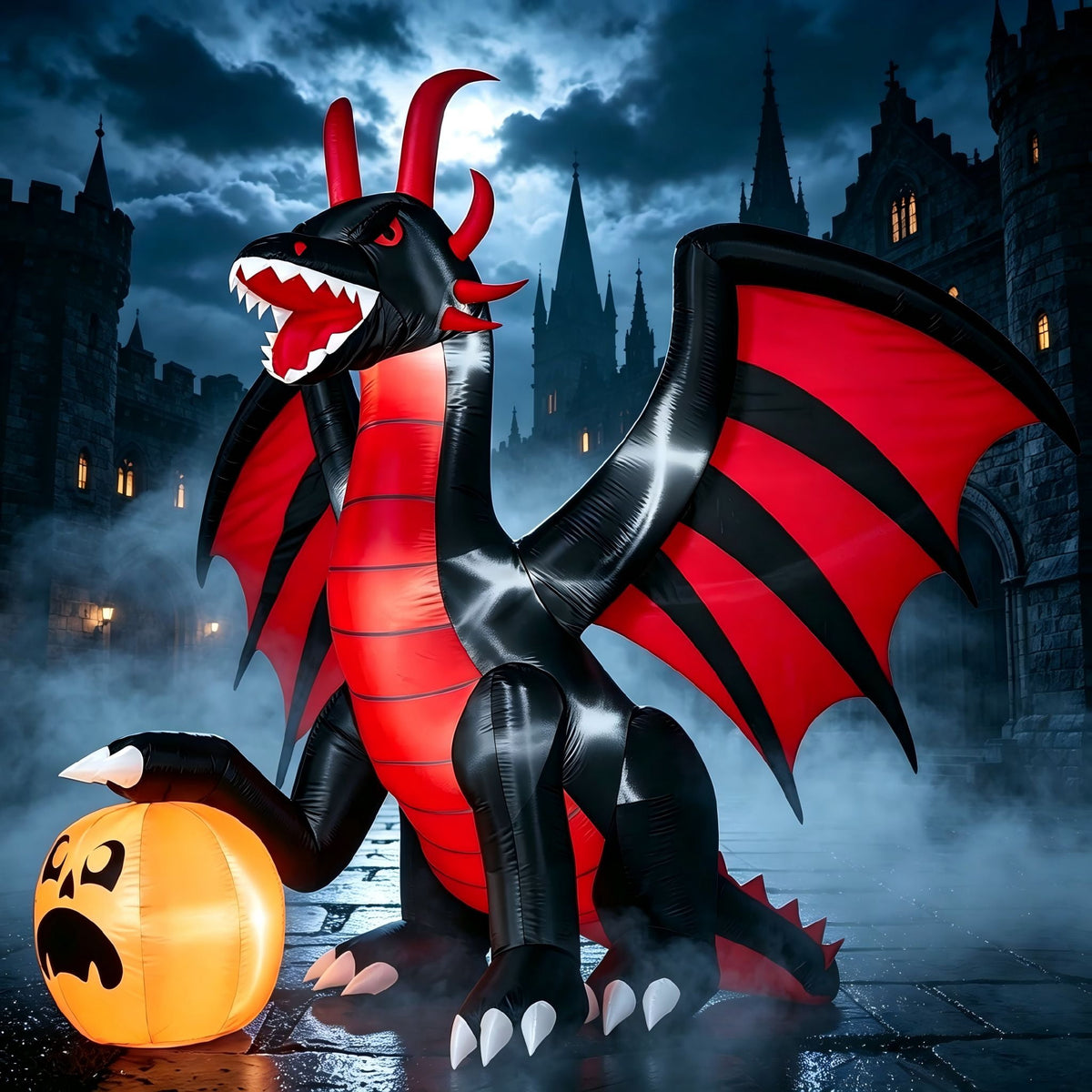 Witchwood™ 8 ft Halloween Inflatable Fire Dragon with Pumpkin,Animated Moving Mouth & Internal LED Lights,Blow Up Yard Decor Outdoor Lawn Garden Indoor Porch Patio Spooky Halloween Decoration