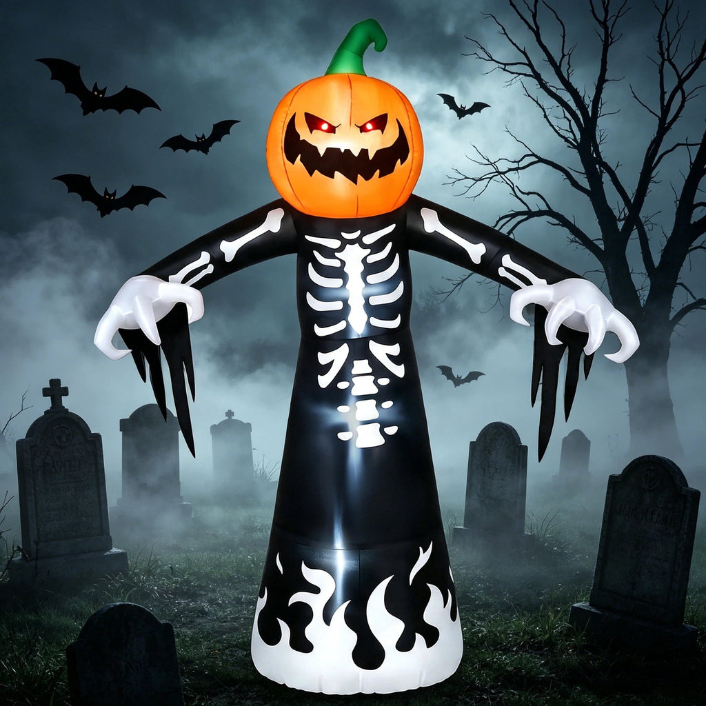 Witchwood™ 9 ft Halloween Inflatables Pumpkin Skeleton Decorations with Built-in LED Lights,Large Blow Up Decoration for Yard Lawn Garden Indoor Outdoor, Pumpkin Skeleton Inflatable Decoration