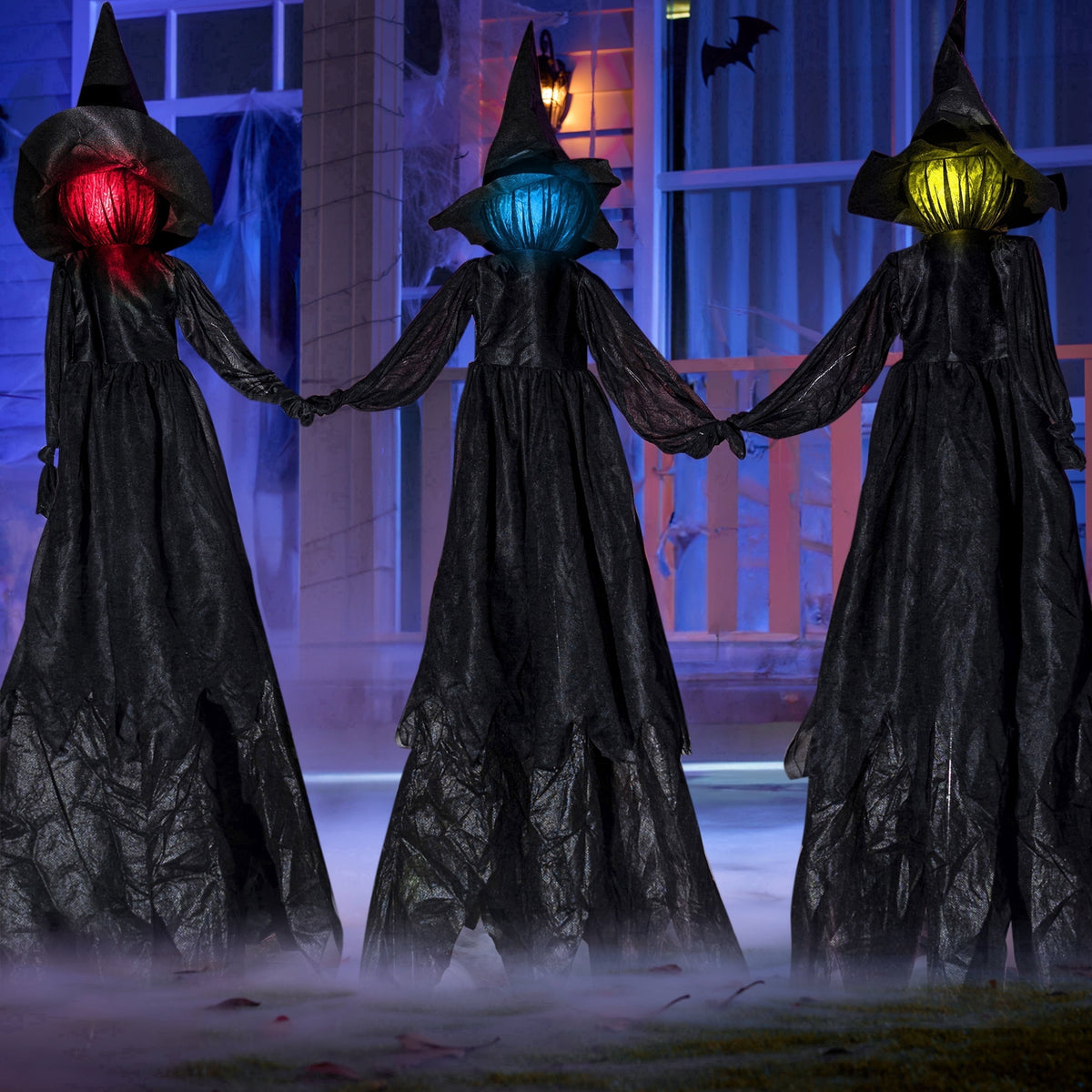 Witchwood™ 3 Pack Witches Halloween Decorations Outdoor, 51" Sound Activated Light Up Flying Witch Stakes with Color Changing Face & Creepy Sound, Life Size Halloween Props for Lawn Grave Party